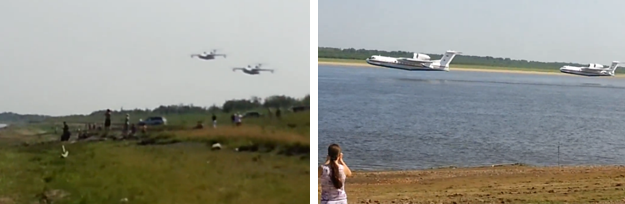 Dos aviones Be-200 recogen el agua del río Ob