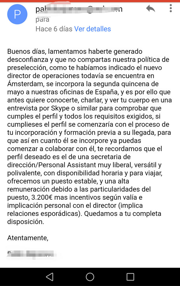 Oferta de trabajo que ''implica relaciones esporádicas con el director de la empresa''