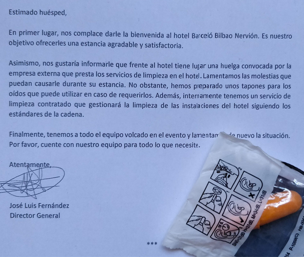 Estoy en Bilbao. Me alojo en el Hotel Barceló Nervión y me he encontrado esta carta de la dirección del hotel en mi habitación